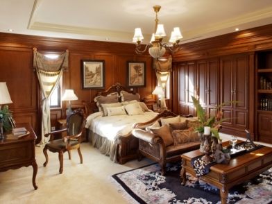 棕色雅致美式风格卧室窗帘装修效果图